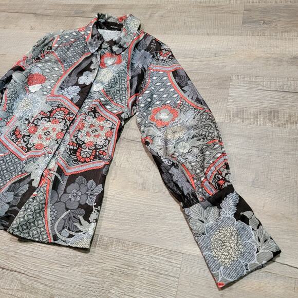 Natori Button Up Shirt Patchwork Floral Asian Inspired Top Satin Viscose Small - Picture 6 of 8